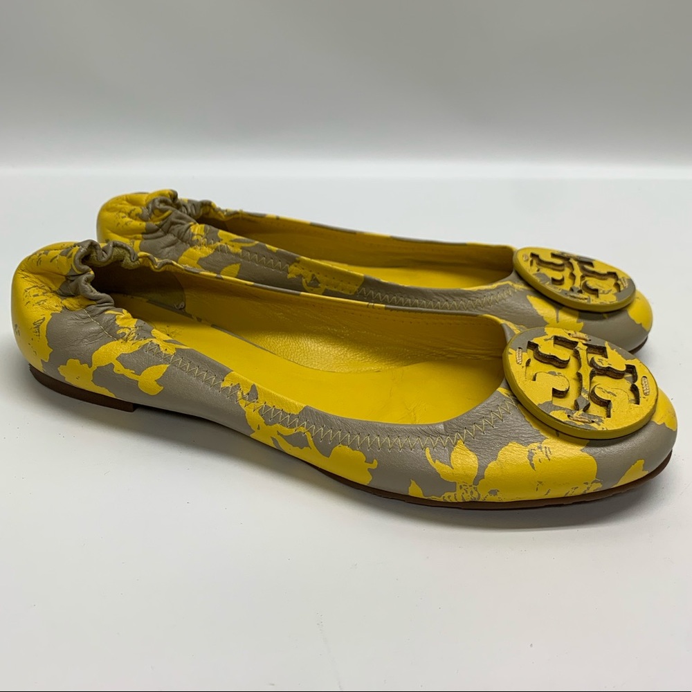 Tory Burch Floral Reva Flats Gray Yellow EUC
